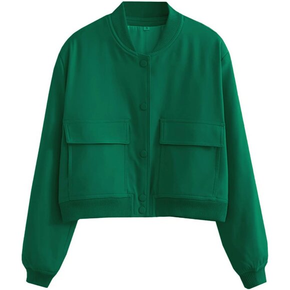 Women Dark green Cropped Bomber Jacket Button Down Varsity Shacket with Pockets - Picture 5 of 5